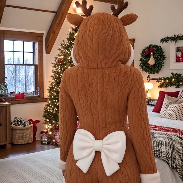 Reindeer Cozy Romper back bow on Christmas morning