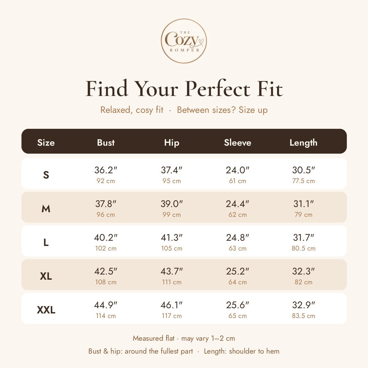The Cozy Romper size chart